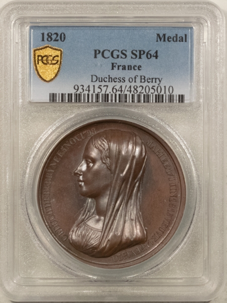 Exonumia 1820 FRANCE DUCHESS OF BERRY BRONZE MEDAL, 40MM, PCGS SP-64, PROOFLIKE & LOVELY