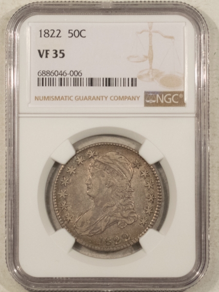 Early Halves 1822 CAPPED BUST HALF DOLLAR – NGC VF-35, PERFECT! PREMIUM QUALITY!