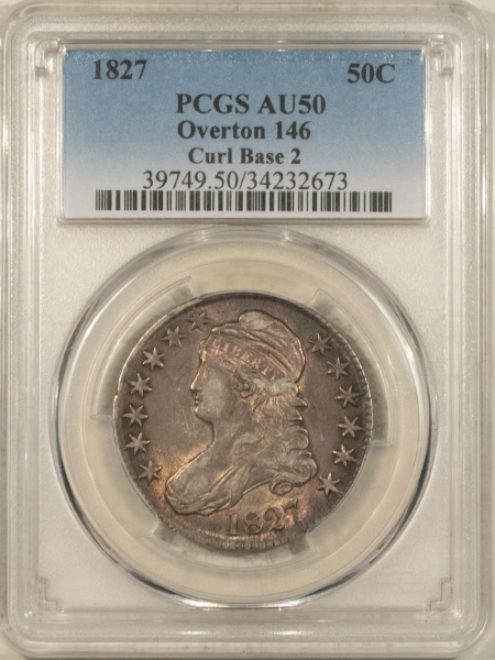 Early Halves 1827 CAPPED BUST HALF DOLLAR O-146, CURL BASE 2, PCGS AU-50, SCARCE, UNDERRATED