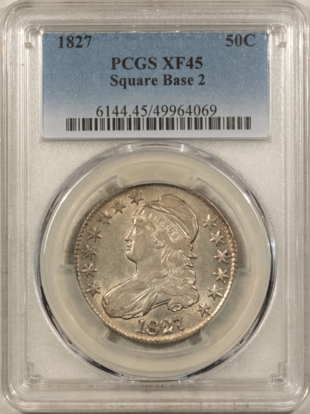 Early Halves 1827 CAPPED BUST HALF DOLLAR, SQUARE BASE 2 – PCGS XF-45, FLASHY WITH LUSTER!