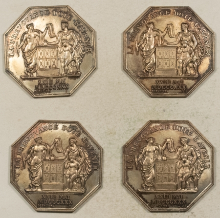 Exonumia 1830 FRANCE SILVER JETONS, 4 PIECES, NATIONAL LIFE INSURANCE COMPANY W/ ORIG BOX