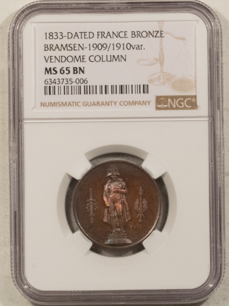 Exonumia 1833 DATED FRANCE BRONZE MEDAL, VENDOME COLUMN, NAPOLEON, 24MM, NGC MS-65 BN WOW