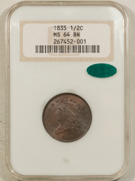 CAC Approved Coins 1835 CLASSIC HEAD HALF CENT – NGC MS-64 BN, FATTIE, PREMIUM QUALITY & CAC!