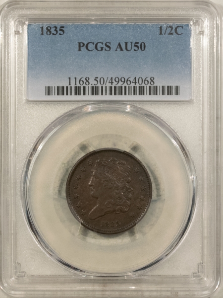 Classic Head Half Cents 1835 CLASSIC HEAD HALF CENT – PCGS AU-50, NICE & SMOOTH!