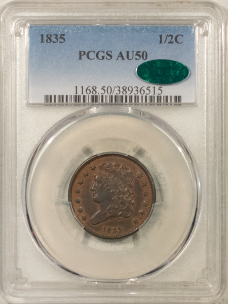 CAC Approved Coins 1835 CLASSIC HEAD HALF CENT PCGS AU-50, ORIGINAL, PREMIUM QUALITY, CAC APPROVED!