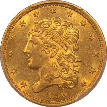 $5 1836 $5 CLASSIC HEAD GOLD HALF EAGLE – PCGS MS-62, ORIGINAL WITH CHOICE LOOK!