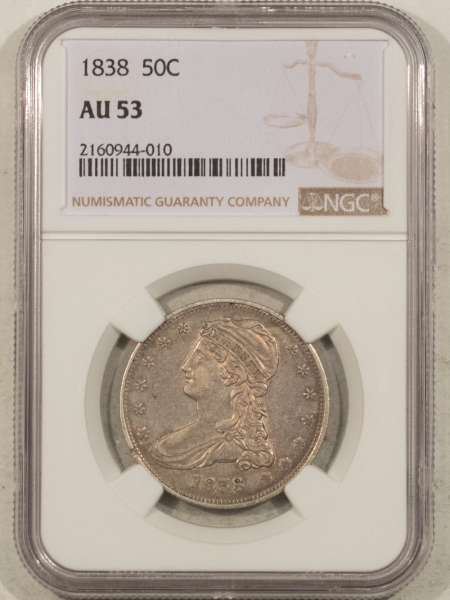 Early Halves 1838 CAPPED BUST HALF DOLLAR – NGC AU-53, NICE ORIGINAL