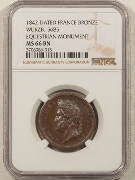 Exonumia 1842 DATED FRANCE BR MEDAL LOUIS PHILIPPE I EQUESTRIAN MONUMENT 27MM NGC MS66 BN