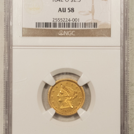 $2.50 1842-O $2.50 LIBERTY GOLD QUARTER EAGLE – NGC AU-58, RARE!