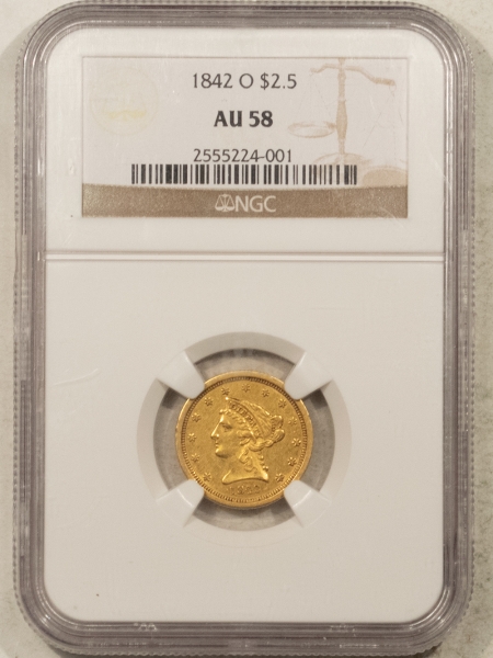 $2.50 1842-O $2.50 LIBERTY GOLD QUARTER EAGLE – NGC AU-58, RARE!