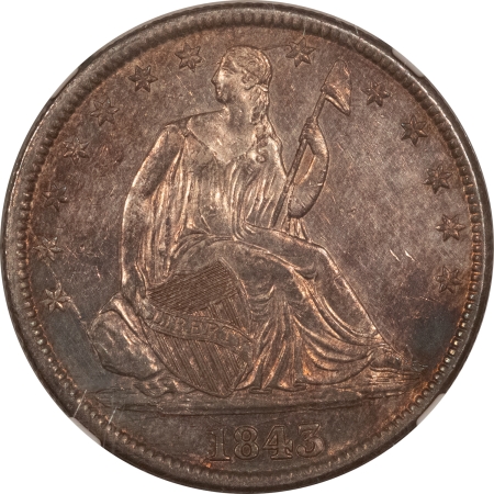 Liberty Seated Halves 1843 LIBERTY SEATED HALF DOLLAR, REV RIM-TO-RIM DIE CRACK – AU DETAILS, CLEANED