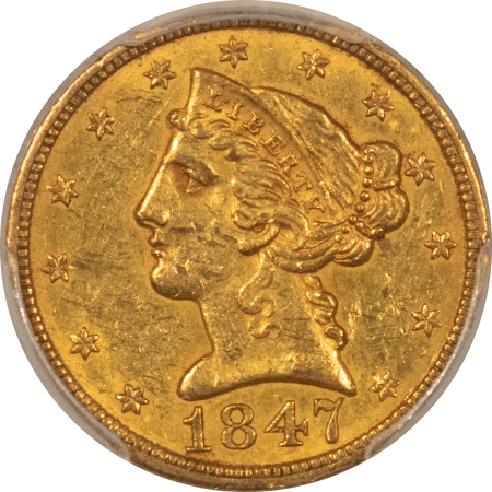 $5 1847 NO MOTTO $5 LIBERTY GOLD HALF EAGLE – PCGS AU-58, REPUNCHED DATE!