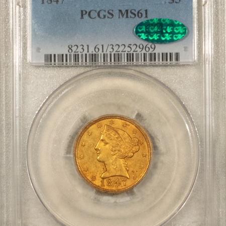 $5 1847 NO MOTTO $5 LIBERTY GOLD HALF EAGLE – PCGS MS-61, PREMIUM QUALITY & CAC!