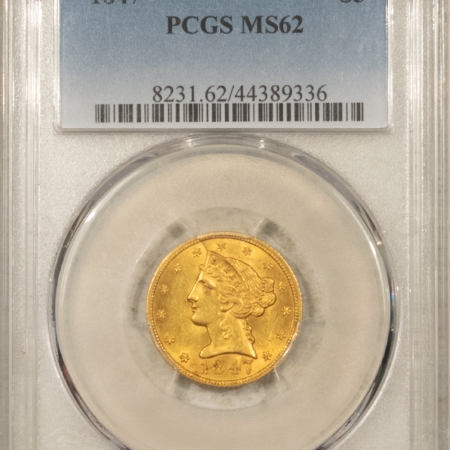 $5 1847 NO MOTTO $5 LIBERTY GOLD HALF EAGLE – PCGS MS-62 FRESH & FLASHY