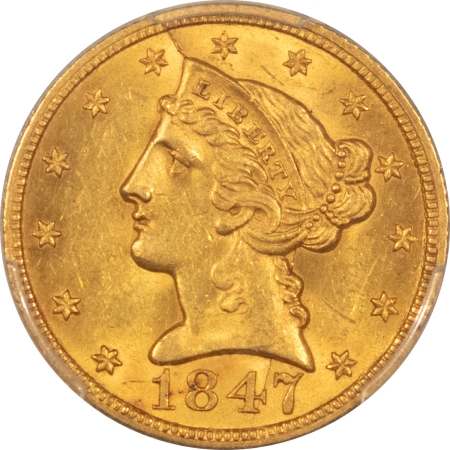 $5 1847 NO MOTTO $5 LIBERTY GOLD HALF EAGLE – PCGS MS-62 FRESH & FLASHY