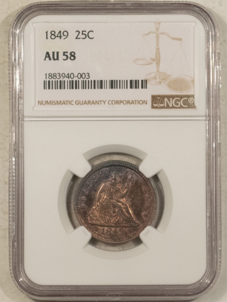 Liberty Seated Quarters 1849 SEATED LIBERTY QUARTER – NGC AU-58, TOUGH!