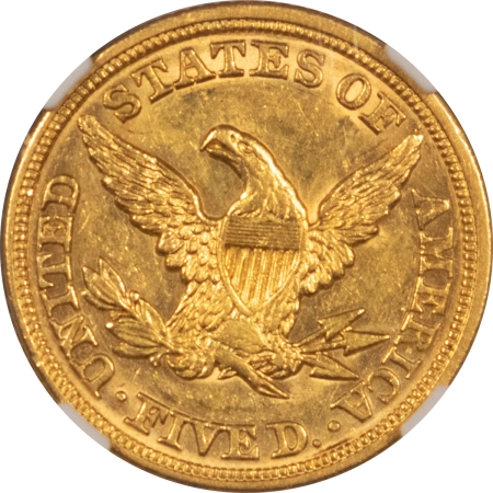 $5 1849 NO MOTTO $5 LIBERTY GOLD HALF EAGLE NGC AU-58 CAC, PREMIUM QUALITY, TOUGH!