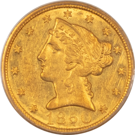 $5 1850 NO MOTTO $5 LIBERTY GOLD HALF EAGLE – PCGS AU-58, TOUGH DATE!