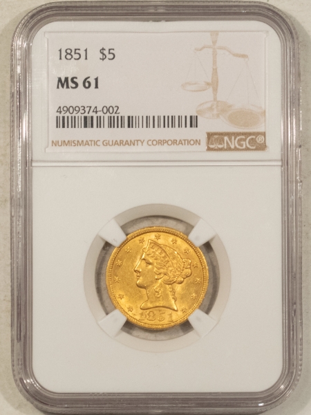 $5 1851 NO MOTTO $5 LIBERTY GOLD HALF EAGLE – NGC MS-61