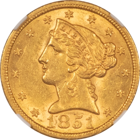 $5 1851 NO MOTTO $5 LIBERTY GOLD HALF EAGLE – NGC MS-61