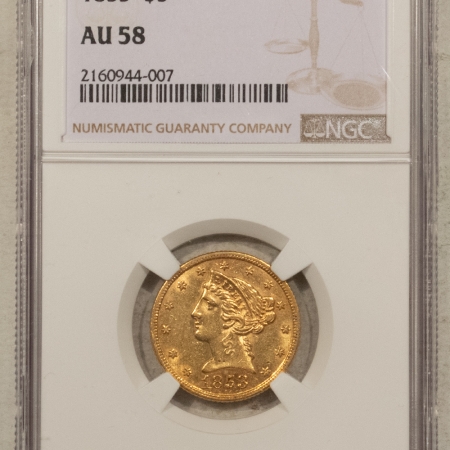 $5 1853 $5 LIBERTY HEAD HALF EAGLE, NO MOTTO – NGC AU-58