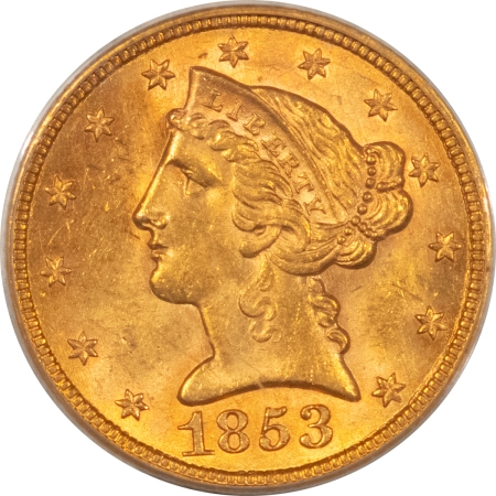 $5 1853 $5 LIBERTY GOLD HALF EAGLE – PCGS MS-61, OLD GREEN HOLDER, PREMIUM QUALITY+