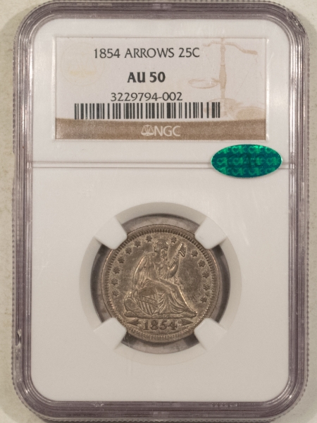 CAC Approved Coins 1854 SEATED LIBERTY QUARTER, ARROWS – NGC AU-50, CAC APPROVED!