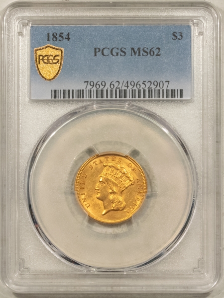 $3 1854 $3 GOLD PRINCESS – PCGS MS-62, FIRST YEAR ISSUE, MINT STATE!