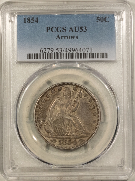 Liberty Seated Halves 1854 SEATED LIBERTY HALF DOLLAR, ARROWS – PCGS AU-53, TOUGH! NICE! ORIGINAL!