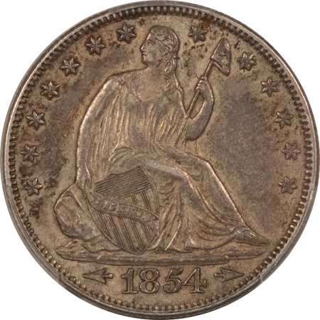 Liberty Seated Halves 1854 SEATED LIBERTY HALF DOLLAR, ARROWS – PCGS AU-53, TOUGH! NICE! ORIGINAL!