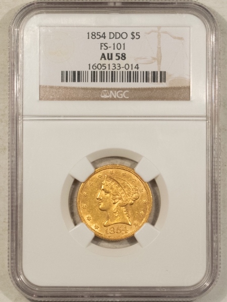 $5 1854 NO MOTTO $5 LIBERTY GOLD HALF EAGLE, DOUBLED DIE OBVERSE FS-101 – NGC AU-58