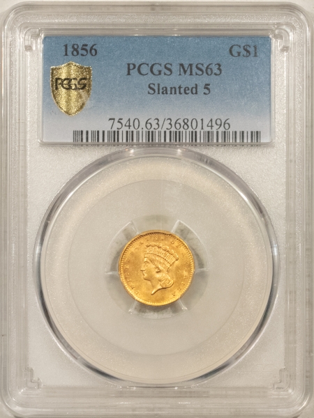 $1 1856 $1 INDIAN PRINCESS GOLD – SLANTED 5 PCGS MS-63