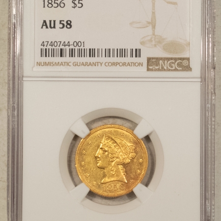 $5 1856 NO MOTTO $5 LIBERTY GOLD HALF EAGLE – NGC AU-58 LUSTROUS