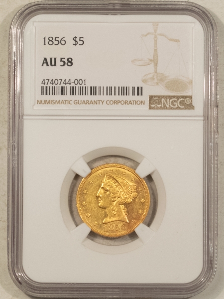 $5 1856 NO MOTTO $5 LIBERTY GOLD HALF EAGLE – NGC AU-58 LUSTROUS