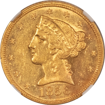 $5 1856 NO MOTTO $5 LIBERTY GOLD HALF EAGLE – NGC AU-58 LUSTROUS