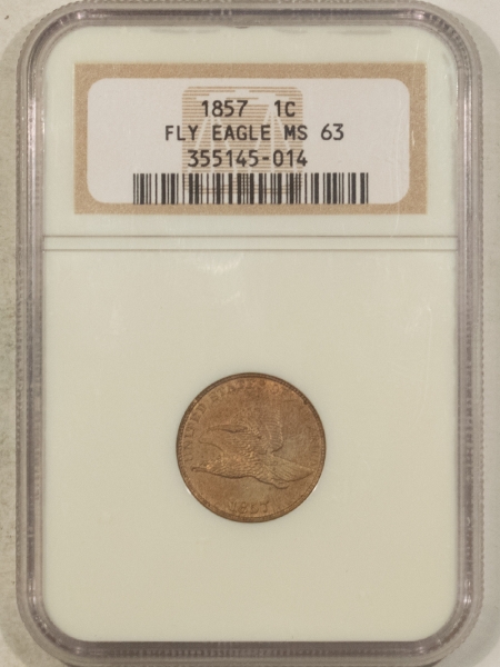 Flying Eagle 1857 FLYING EAGLE CENT – NGC MS-63, CHOICE, OLDER NGC HOLDER