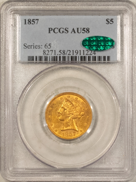 $5 1857 NO MOTTO $5 LIBERTY GOLD HALF EAGLE – PCGS AU-58, PREMIUM QUALITY & CAC!