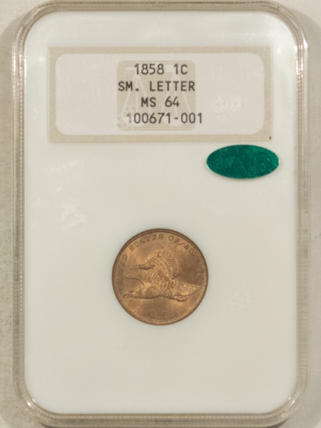 CAC Approved Coins 1858 FLYING EAGLE CENT, SM LETTER – NGC MS-64, FATTIE HOLDER, PQ & CAC APPROVED!