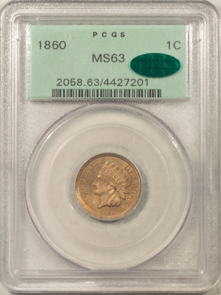 CAC Approved Coins 1860 INDIAN CENT – PCGS MS-63, OLD GREEN HOLDER, PREMIUM QUALITY+, CAC APPROVED!