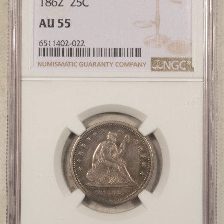 New Store Items 1862 SEATED LIBERTY QUARTER – NGC AU-55, CIVIL WAR DATE!