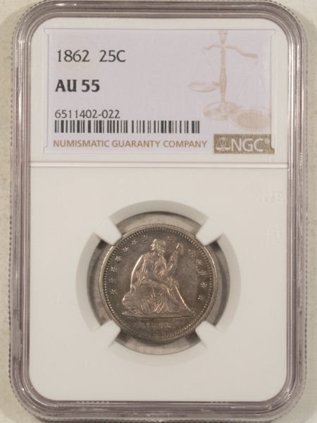 Liberty Seated Quarters 1862 SEATED LIBERTY QUARTER – NGC AU-55, CIVIL WAR DATE!