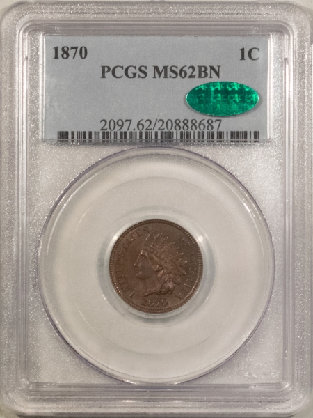 CAC Approved Coins 1870 INDIAN CENT – PCGS MS-62 BN, PREMIUM QUALITY+! CAC APPROVED!