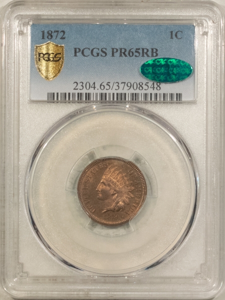 CAC Approved Coins 1872 PROOF INDIAN CENT – PCGS PR-65 RB, CAC APPROVED! PQ GEM PROOF!