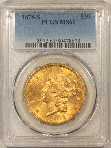 $20 1874-S $20 LIBERTY GOLD DOUBLE EAGLE – PCGS MS-61, LUSTROUS, TOUGH DATE!