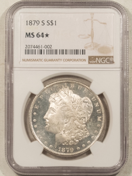 Morgan Dollars 1879-S $1 MORGAN DOLLAR – NGC MS-64*, STAR GRADED W/ DMPL OBVERSE!