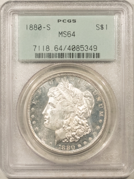 Morgan Dollars 1880-S $1 MORGAN DOLLAR – PCGS MS-64, OLD GREEN HOLDER & PREMIUM QUALITY!