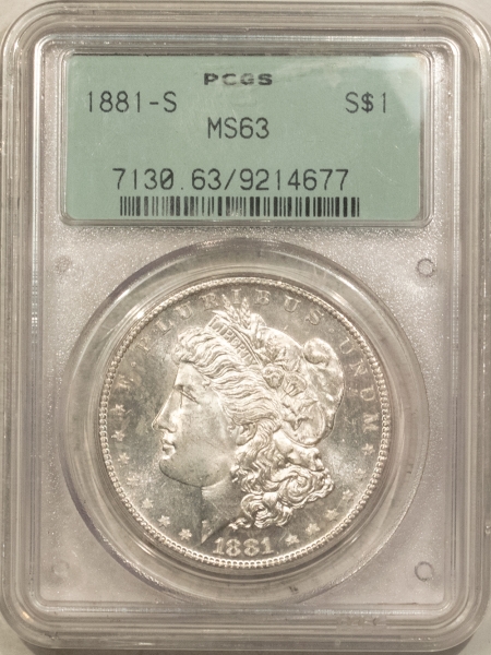 Morgan Dollars 1881-S $1 MORGAN DOLLAR – PCGS MS-63, 2 PC OLD GREEN HOLDER! PREMIUM QUALITY!