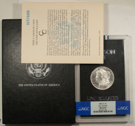 Morgan Dollars 1882-CC $1 MORGAN DOLLAR GSA NGC MS-62 PL WITH BOX & COA! PROOFLIKE CARSON CITY!