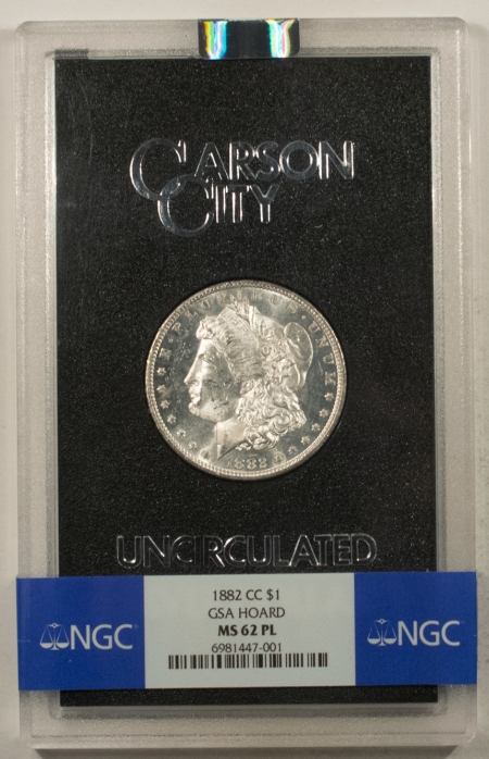 Morgan Dollars 1882-CC $1 MORGAN DOLLAR GSA NGC MS-62 PL WITH BOX & COA! PROOFLIKE CARSON CITY!