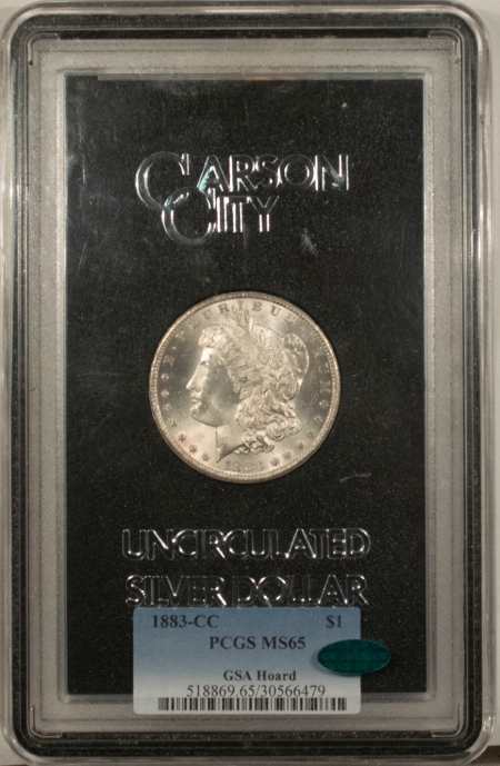 Morgan Dollars 1883-CC $1 MORGAN DOLLAR GSA – PCGS MS-65 CAC, PQ GEM W/ BOX & COA! CARSON CITY!